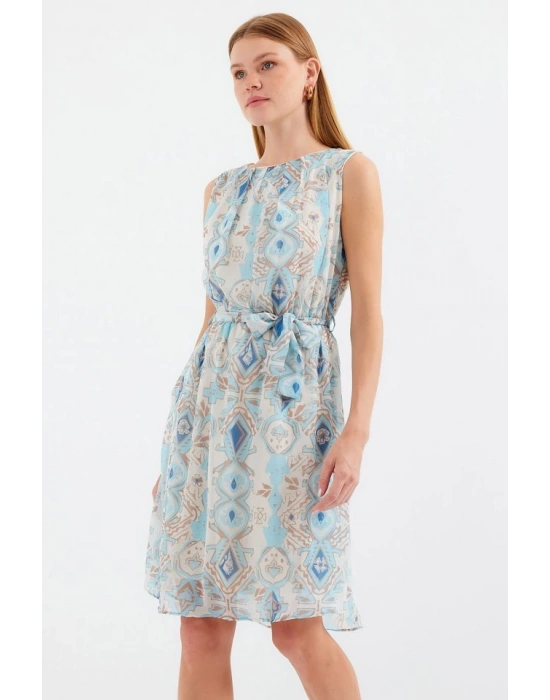 2501 Desenli Sıfır Kol Şifon Elbise  Mavi
