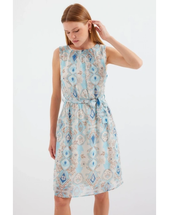 2501 Desenli Sıfır Kol Şifon Elbise  Mavi