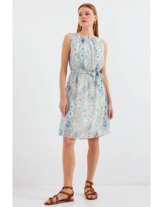 2501 Desenli Sıfır Kol Şifon Elbise  Mavi