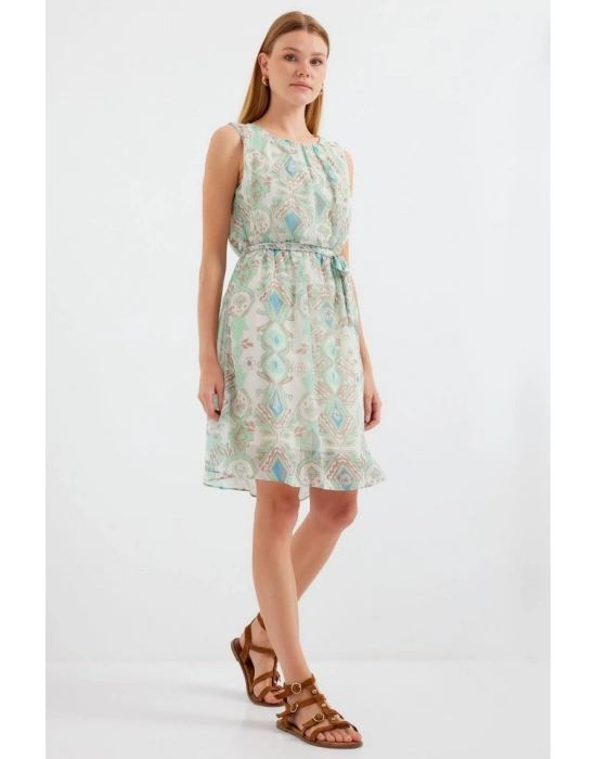2501 Desenli Sıfır Kol Şifon Elbise  Mint