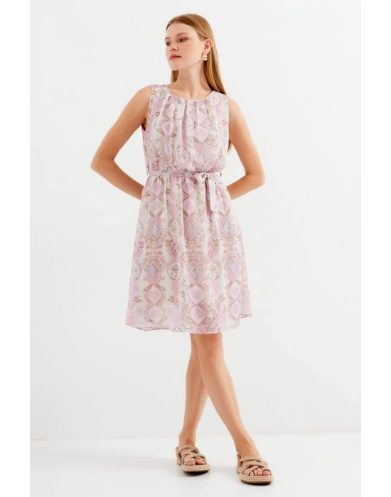 2501 Desenli Sıfır Kol Şifon Elbise  Pembe