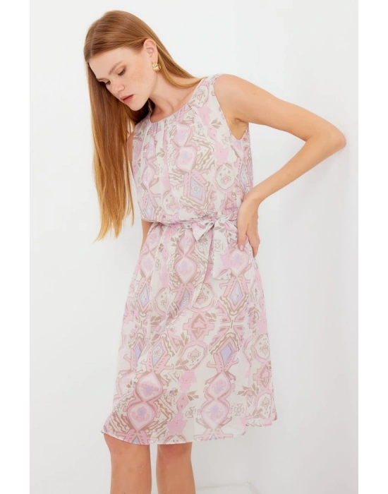 2501 Desenli Sıfır Kol Şifon Elbise  Pembe
