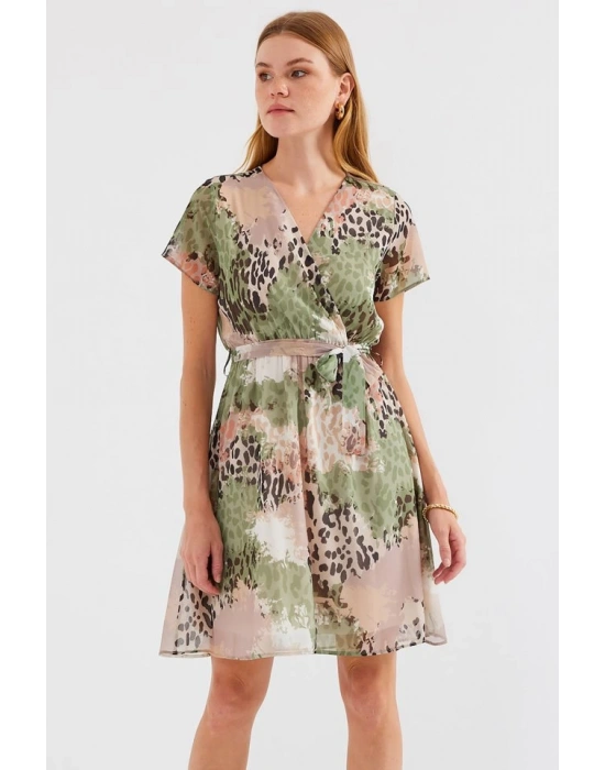 2502 Kısa Kol Desenli Şifon Elbise  Çağla