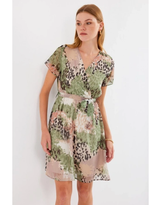 2502 Kısa Kol Desenli Şifon Elbise  Çağla