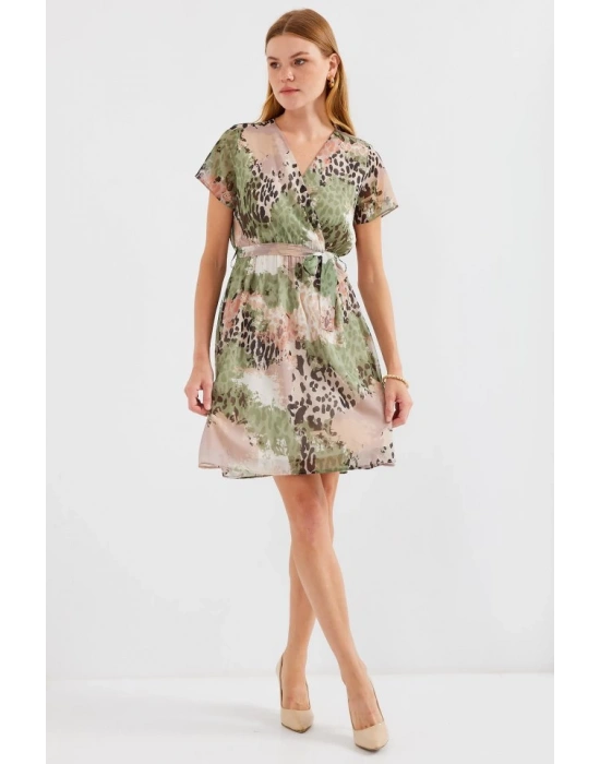 2502 Kısa Kol Desenli Şifon Elbise  Çağla