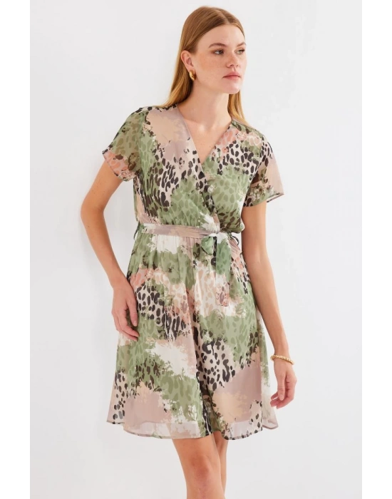 2502 Kısa Kol Desenli Şifon Elbise  Çağla