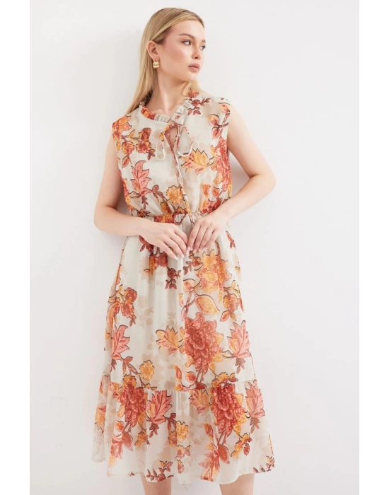 2503 Desenli Sıfır Kol Şifon Elbise  Kiremit