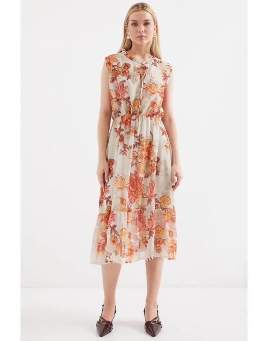 2503 Desenli Sıfır Kol Şifon Elbise  Kiremit