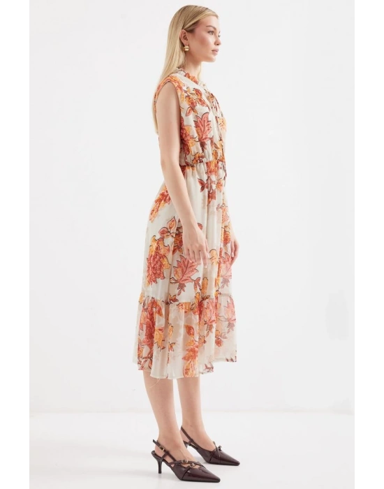 2503 Desenli Sıfır Kol Şifon Elbise  Kiremit