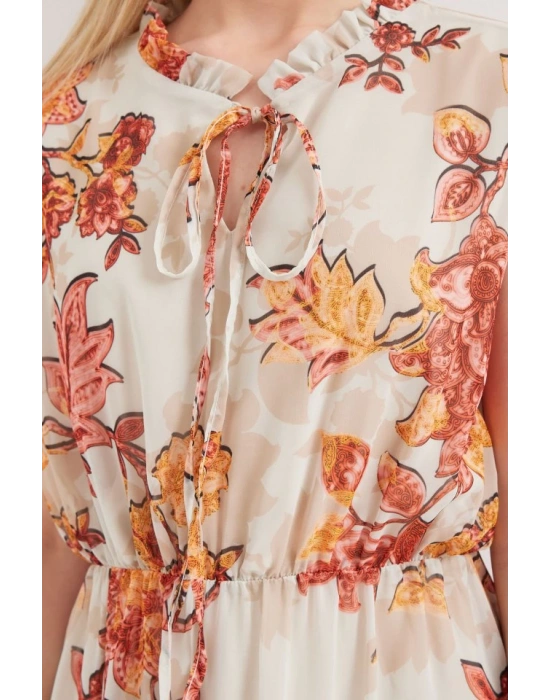 2503 Desenli Sıfır Kol Şifon Elbise  Kiremit