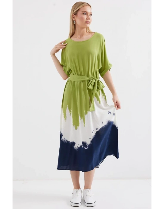 2504 Desenli Kısa Kol Viskon Elbise  Çağla