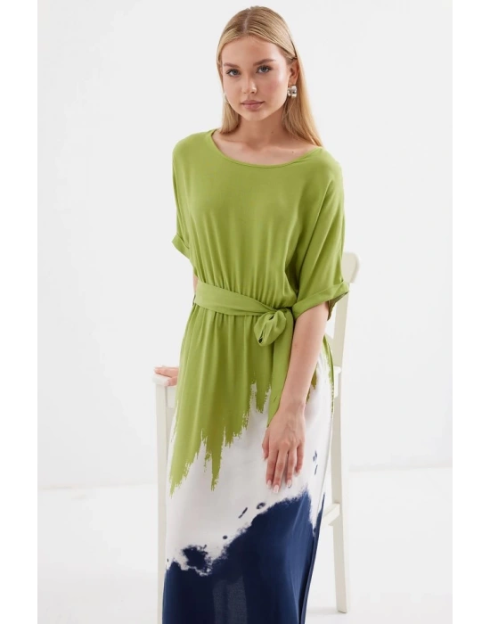 2504 Desenli Kısa Kol Viskon Elbise  Çağla