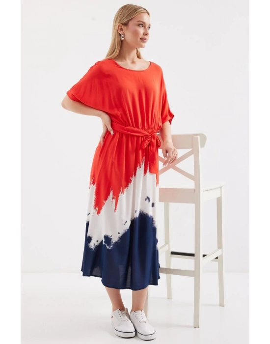 2504 Desenli Kısa Kol Viskon Elbise  Kırmızı