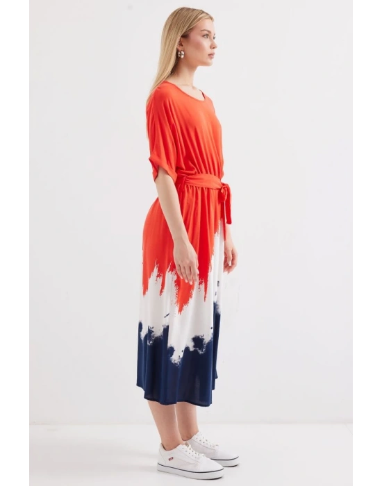 2504 Desenli Kısa Kol Viskon Elbise  Kırmızı