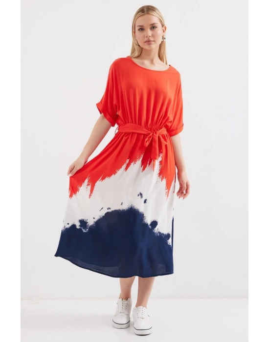 2504 Desenli Kısa Kol Viskon Elbise  Kırmızı