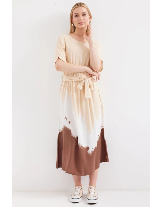 2504 Desenli Kısa Kol Viskon Elbise  Krem