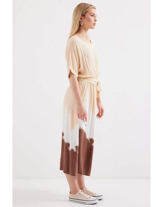 2504 Desenli Kısa Kol Viskon Elbise  Krem