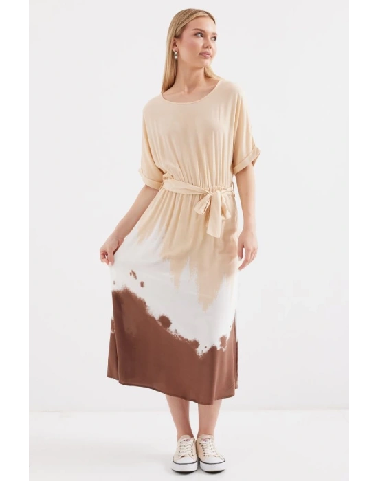 2504 Desenli Kısa Kol Viskon Elbise  Krem