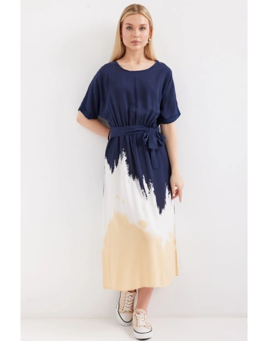 2504 Desenli Kısa Kol Viskon Elbise  Lacivert