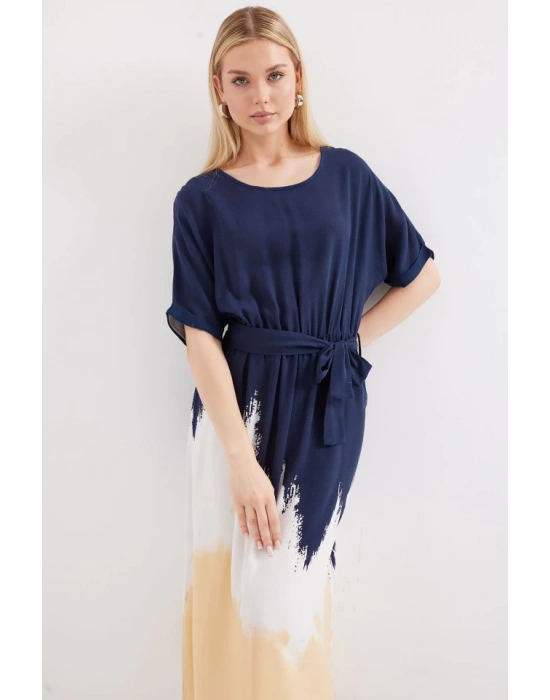 2504 Desenli Kısa Kol Viskon Elbise  Lacivert