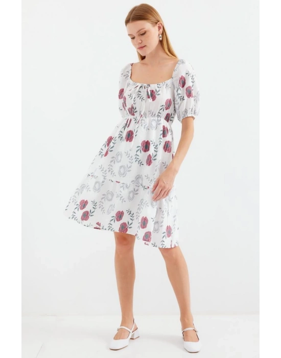 2508 Desenli Mini Kloş Elbise  Ekru