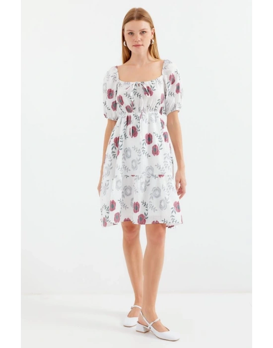2508 Desenli Mini Kloş Elbise  Ekru