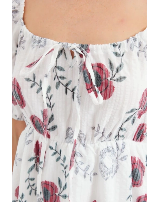 2508 Desenli Mini Kloş Elbise  Ekru