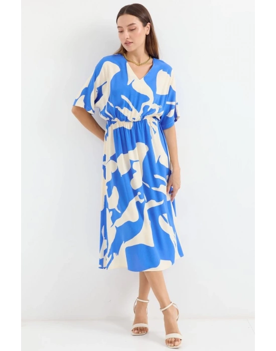 2511 Beli Lastikli Desenli Elbise  Mavi