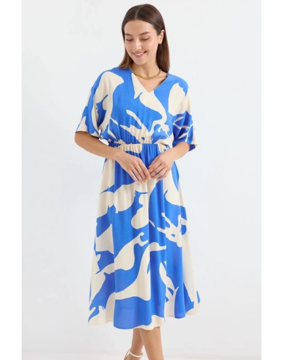 2511 Beli Lastikli Desenli Elbise  Mavi