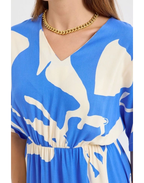 2511 Beli Lastikli Desenli Elbise  Mavi