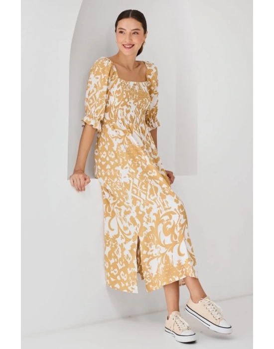 2512 Desenli Yırtmaçlı Elbise  Sarı