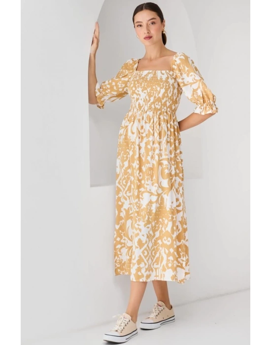 2512 Desenli Yırtmaçlı Elbise  Sarı