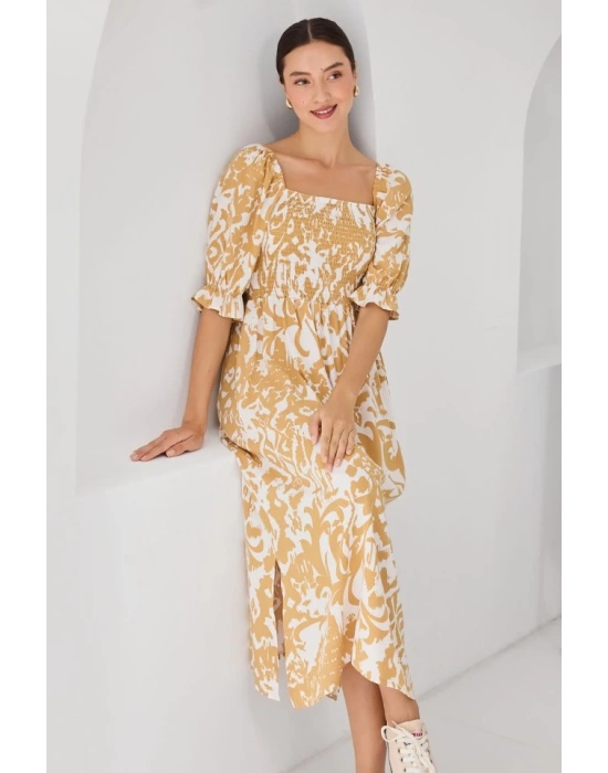 2512 Desenli Yırtmaçlı Elbise  Sarı
