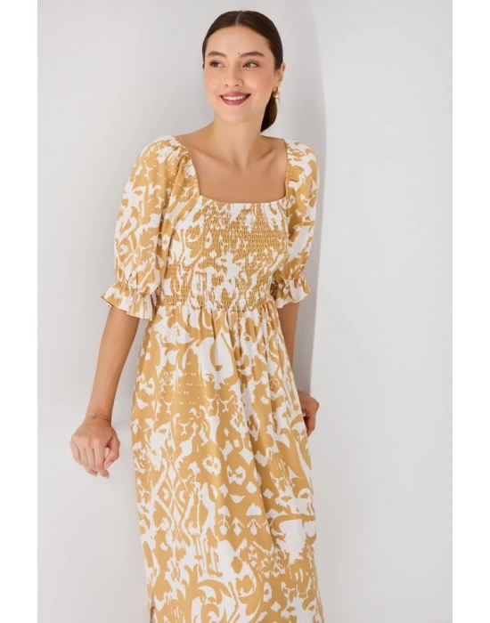 2512 Desenli Yırtmaçlı Elbise  Sarı