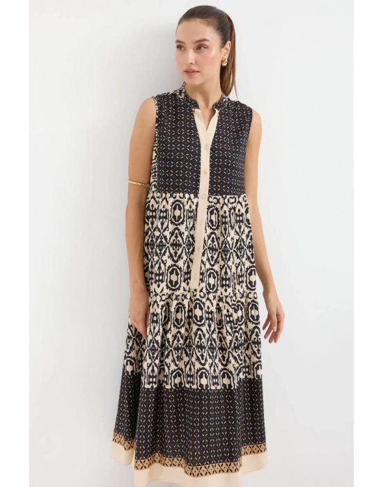 2516 Desenli Sıfır Kol Viskon Elbise  Siyah
