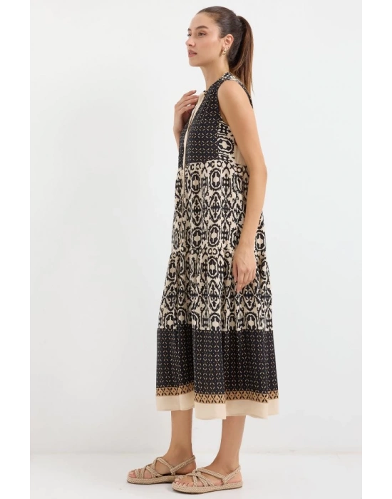 2516 Desenli Sıfır Kol Viskon Elbise  Siyah