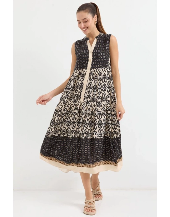2516 Desenli Sıfır Kol Viskon Elbise  Siyah