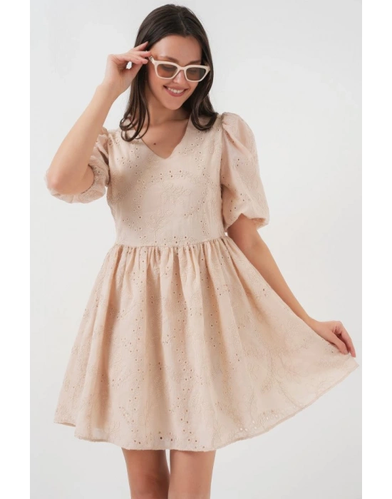 2529 Fistolu Kısa Elbise  Bej
