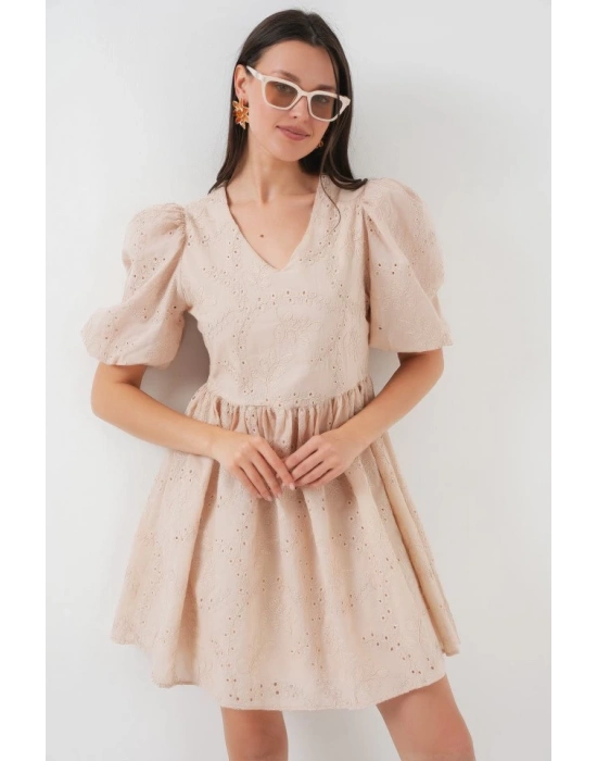 2529 Fistolu Kısa Elbise  Bej