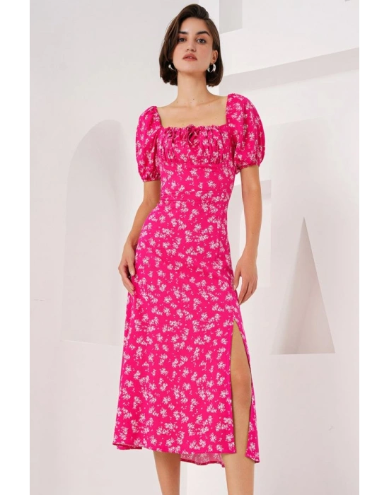 27 Yırtmaç Detaylı Elbise  Fuşya