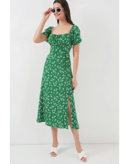 27 Yırtmaç Detaylı Elbise  Zümrüt Yeşili