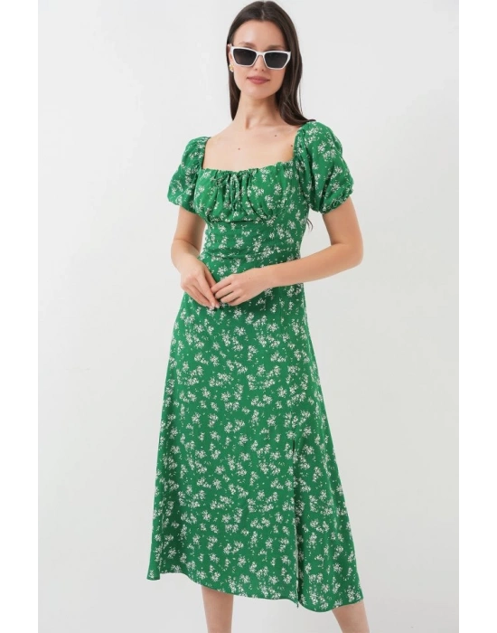 27 Yırtmaç Detaylı Elbise  Zümrüt Yeşili