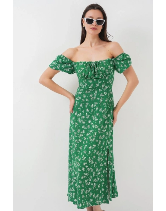 27 Yırtmaç Detaylı Elbise  Zümrüt Yeşili