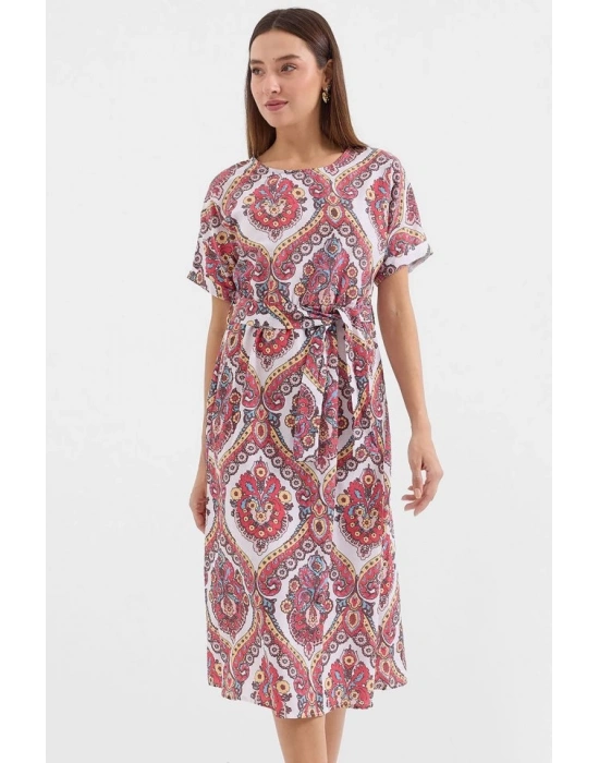 29 Kemerli Keten Elbise  Nar