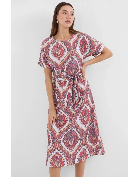 29 Kemerli Keten Elbise  Nar