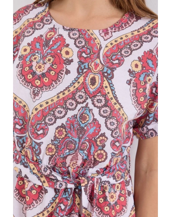 29 Kemerli Keten Elbise  Nar