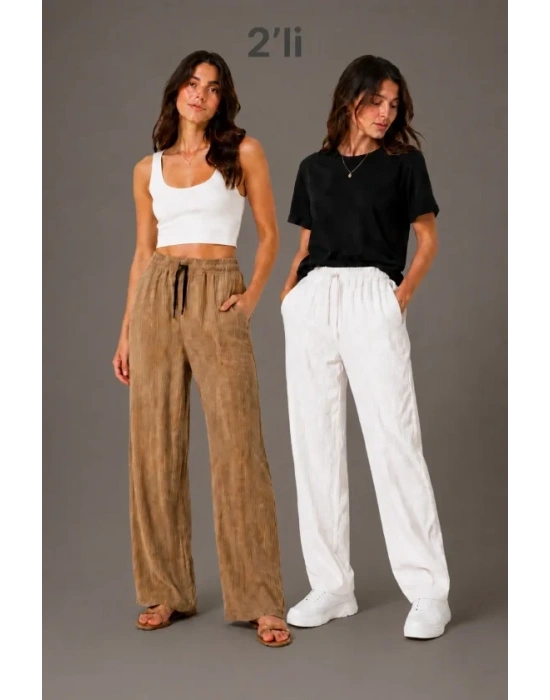 2li Bürümcük Kumaş Beli astikli Bağcıklı Bol Paça Pantolon  Beyaz/Vizon