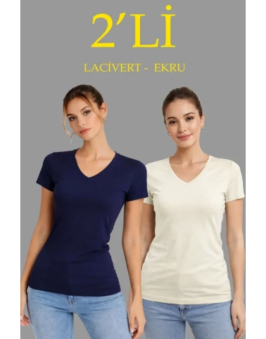 2li V Yaka Tişört – Kısa Kollu Yazlık lim Fit Body  acivert  Ekru