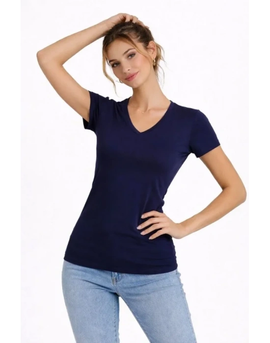 2li V Yaka Tişört – Kısa Kollu Yazlık lim Fit Body  acivert  Ekru