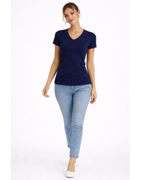 2li V Yaka Tişört – Kısa Kollu Yazlık lim Fit Body  acivert  Ekru